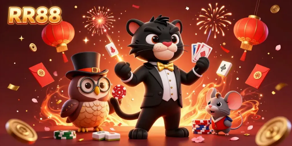 Experience the excitement of RR88 with a stylish black panther, an owl, and a lucky mouse in a festive casino scene.