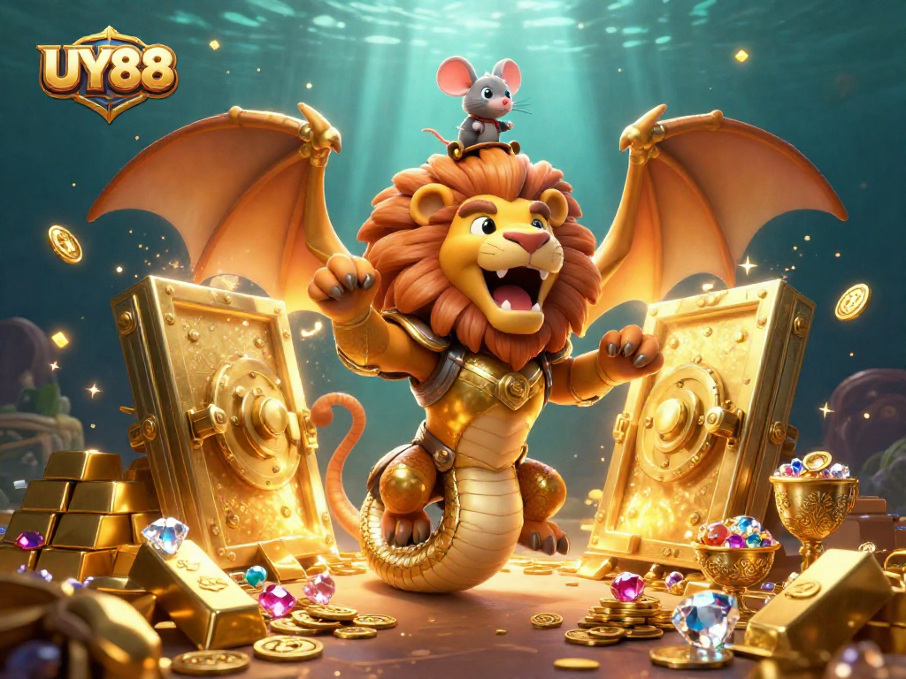 Experience thrilling games and rewards at UY88 with a dynamic chimera guardian in an enchanted treasure scene.