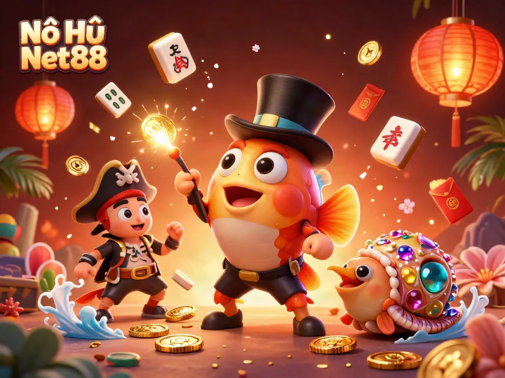 Nổ Hũ Net88 attracts players with vibrant slot visuals, featuring anglerfish, shrimp, and snail amid festive decorations.