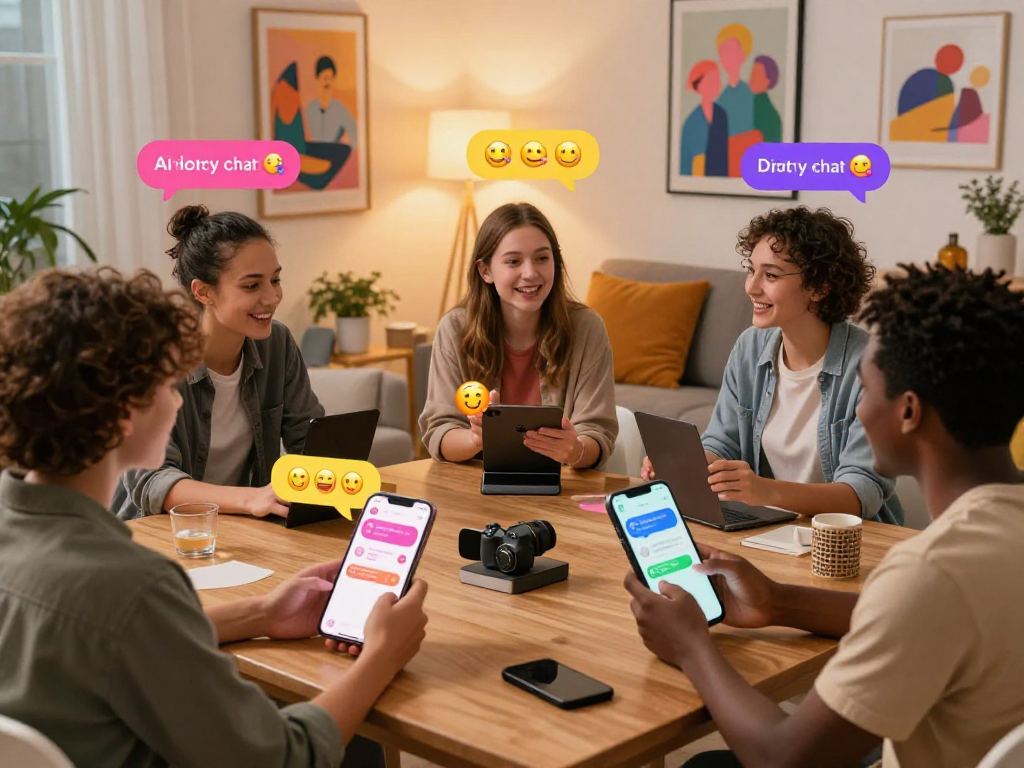 Engaging chat scene on smart devices demonstrating ai dirty chat conversations with playful emojis in a cozy urban setting.