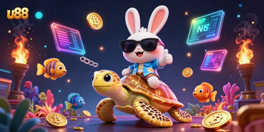 Play exciting games at u88 with a lucky rabbit and a gold turtle surrounded by crypto coins and colorful fish.