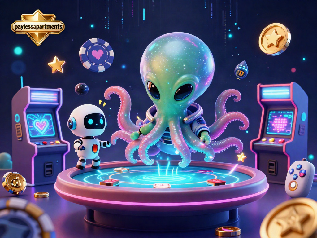 Experience thrilling gameplay with paylessapartments as an alien octopus spins at a holographic poker table with vibrant casino elements.