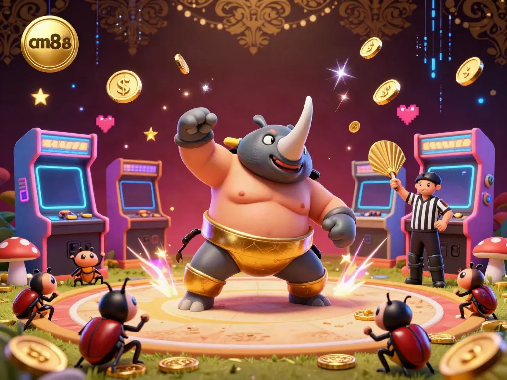 Bet big with cm88 while a rhinoceros beetle champion sends coins flying in a vibrant casino scene.