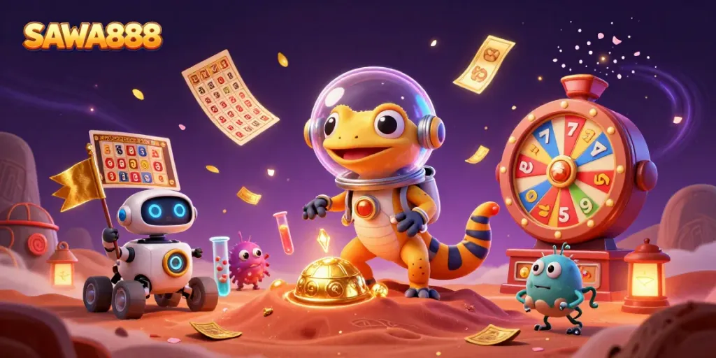 Experience the excitement at SAWA888 with the Martian gecko discovering a golden casino in a vibrant 3D scene.